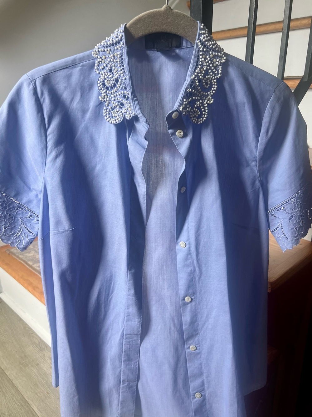 J. Crew Collection Light Blue Beaded Collar Short Sleeve Shirt Sz 0